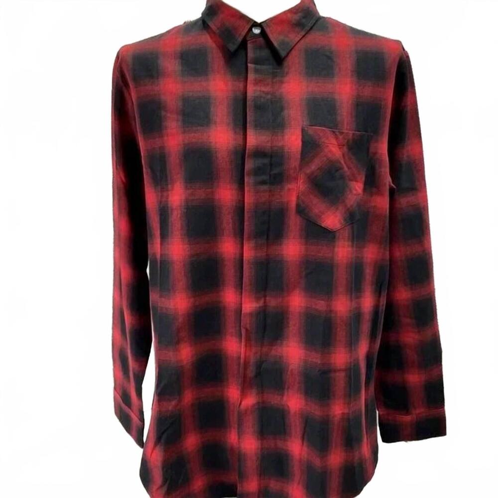 NEW KILLION men’s plaid cotton casual button-down shirt in red/black